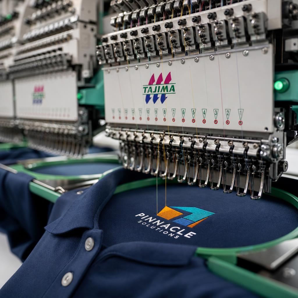 Industrial embroidery machine in action