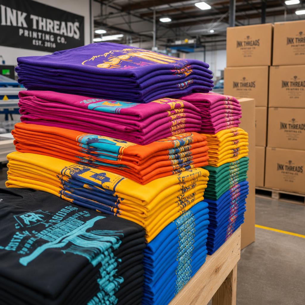 Freshly printed t-shirts stacked for shipping